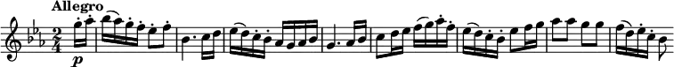 \relative c'' {
\clef "treble"
\tempo "Allegro"
\key ees \major
\time 2/4
\tempo 4 = 120
\partial 4 \partial 8 g'16-.\p aes-.
bes (aes) g-. f-. ees8-. f-.
bes,4. c16 d
ees (d) c-. bes-. aes g aes bes
g4. aes16 bes
c8 d16 ees f (g) aes-. f-.
ees (d) c-. bes-. ees8 f16 g
aes8 aes g g
f16 (d) ees-. c-. bes8
}