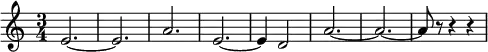 \relative c' {
\once \omit Score.MetronomeMark \tempo 4 = 120
\set Staff.midiInstrument = #"french horn"
\key c \major
\time 3/4
e2. ~e2. a2. e2. ~e4 d2 a'2. ~a2. ~a8 r8 r4 r4
}