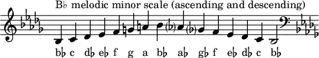 \header { tagline = ##f }
scale = \relative b { \key bes \minor \omit Score.TimeSignature
bes^"B♭ melodic minor scale (ascending and descending)" c des es f g a bes as? ges? f es des c bes2 \clef F \key bes \minor }
\score { { << \cadenzaOn \scale \context NoteNames \scale >> } \layout { } \midi { } }