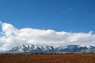 Snow-covered mountains protruding from a plain with tilled soil in the foreground.