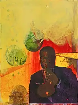 photogravure of Louis Armstrong playing the trumpet against a yellow background