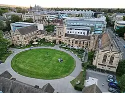 Aerial view of Mansfield College Quad (L-R: Principal's Lodgings, JCR; Library, Tower Building, Old Hall, Chapel)