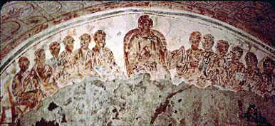 ancient Christian fresco of Christians sharing a meal