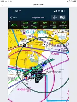 Screenshot of Electronic Flight Bag showing formation lead aircraft over Point Cook in the Air Armada