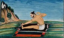 High-ranking Indian in the pose, seated on a deerskin. Gouache painting, c. 1850. Wellcome Collection