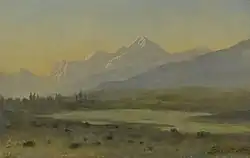 landscape painting of the valley with mountains in the distance