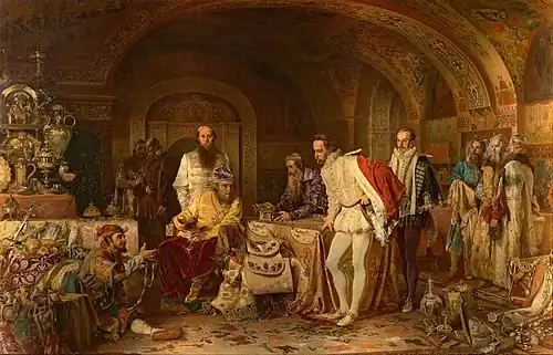 Image 9 Ivan the Terrible Showing His Treasury to Jerome Horsey Artist: Alexander Litovchenko Alexander Litovchenko's 1875 painting depicting Ivan IV of Russia seated in the Kremlin Armoury, his half-witted heir Fyodor standing behind, a group of distrustful boyars whispering at a distance, and the Tsar's jester in a skomorokh cap addressing the English diplomat Jerome Horsey. Horsey was a resident of the Russia Company in Moscow from 1572 to 1585. More featured pictures