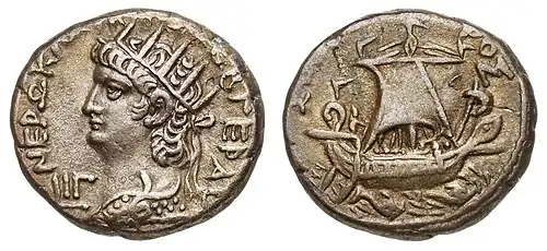 Roman coin, displaying caput, 'head' (of Nero) and navis, 'ship'