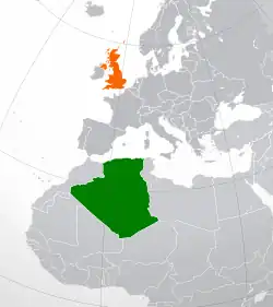 Map indicating locations of Algeria and United Kingdom