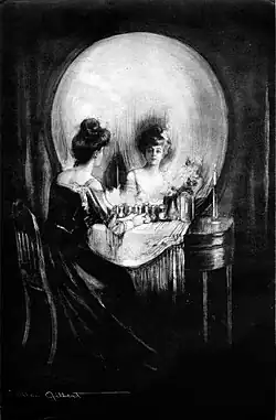 lady at round mirror and dressing table resembling a skull "All is Vanity" by C. Allan Gilbert