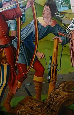 Fifteenth century crossbowman using a cranequin (rack and pinion)
