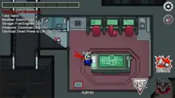 A white-suited astronaut named "Buddy" (the player) stands in front of an unnamed blue-suited corpse. The room they are in is labeled "Admin". In the hallway, slightly obscured by the sight line mechanic, is a pink-suited astronaut named "Chum". In the upper-left corner of the player's screen, there is a fake list of tasks as well as the player's goal: to kill all Crewmates. The player also has the option to Use, Report, Sabotage, and Kill. As the player has just killed, the button is on cooldown and faded.