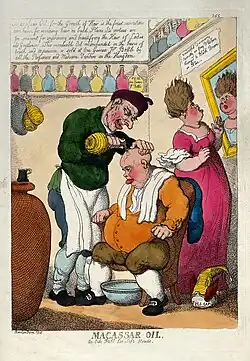 "Macassar oil", from Iconographic Collections c. 1814, lampooning the false claim in some advertisements that Macassar oil would stimulate hair growth on balding men