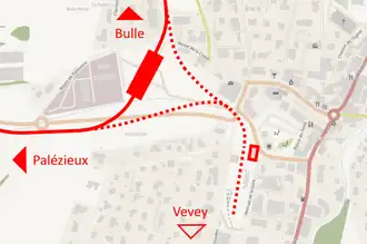 Map showing the current station opened in 2019 (full rectangle) and the old station (empty rectangle), with the current track in full line and the old tracks in dotted line.
