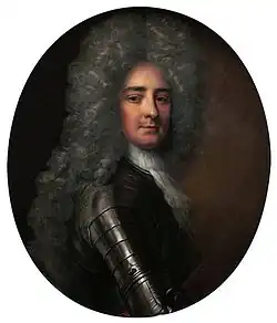 A painted bust-length portrait of Anthony Hamilton showing a young man wearing a long and high wig, clad in armour covering his breast and arms