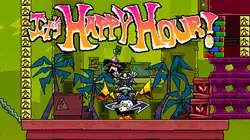 The player character: Dynamite Anton in his stone form and on top of a timer, activates the "Happy Hour" phase of the first level: "Boiler City" which can be seen in the large "Happy Hour" text on top of the image.