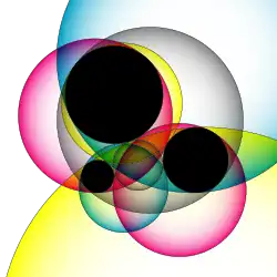 Three black circles in the plane and eight additional overlapping circles tangent to these three.