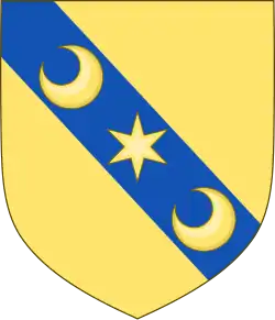 Ancestral Scott arms: Or on a bend azure a mullet of six points between two crescents of the field[10]