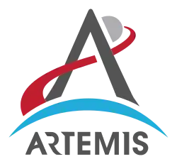 An arrowhead combined with a depiction of a trans-lunar injection trajectory forms an "A", with an "Artemis" wordmark printed underneath