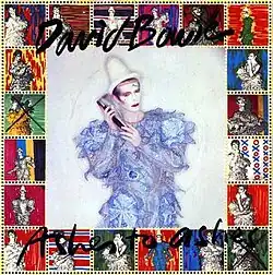 A man wearing a Pierrot costume surrounded by stamps of himself wearing the same outfit. The words "David Bowie" appear at the top and "Ashes to Ashes" at the bottom in black cursive lettering.