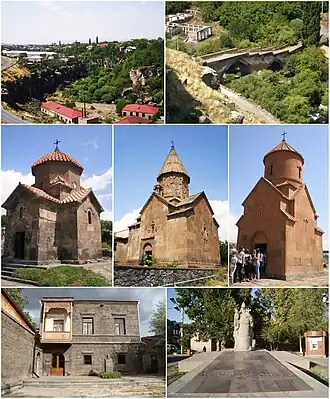 From top left: Ashtarak town • Ashtarak bridge of 1664 Karmravor Church • Saint Marianeh Church • Surp Sarkis Church House-museum of Perch Proshyan • the statue of Nerses Ashtaraketsi