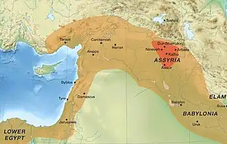 The ancient Assyrian heartland (red) and the Neo-Assyrian Empire in the 7th century BC (orange)