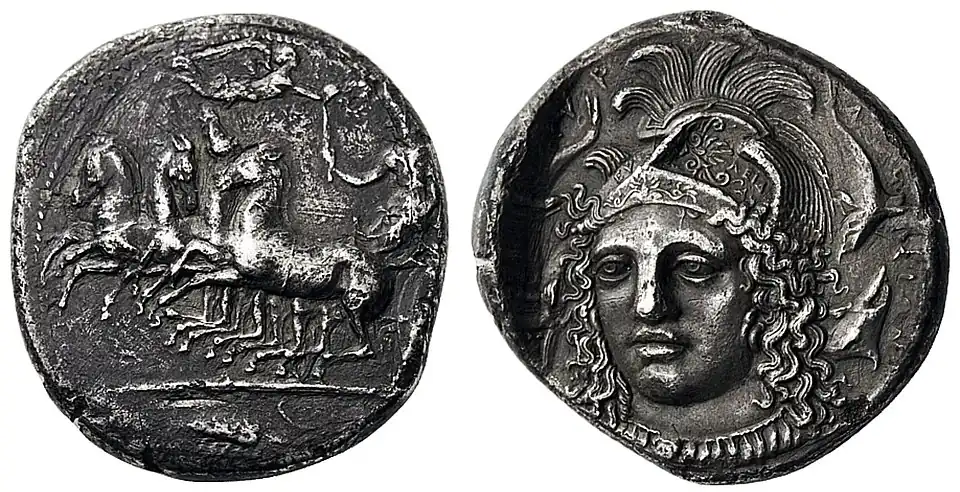 Athena portrait by Eukleidas on a tetradrachm from Syracuse, Sicily c. 400 BC