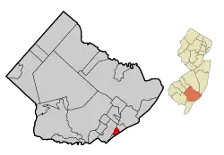 Map of Margate City in Atlantic County. Inset: Location of Atlantic County highlighted in the State of New Jersey.