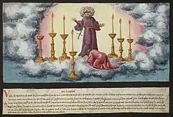 Folio 172. St. John's vision of Christ and the seven candlesticks (Revelation 1:12–18)