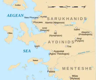 Map of western central Anatolia and the offshore islands, with the main cities of the period and rivers marked