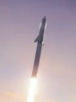 Artist's depiction of a white rocket, consisting of the booster firing its engines and the spacecraft at the top with its fins