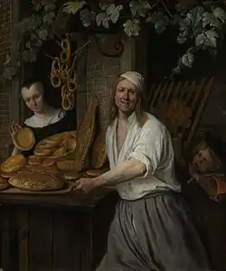 Jan Steen's Baker Arent Oostwaard and His Wife Catherina Keizerswaar (1658) features pretzels, Rijksmuseum.