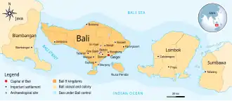 The maximum extent of the Balinese Kingdom of Gelgel in the mid-16th century. The territory covers Blambangan (Banyuwangi) to the western part of Sumbawa.