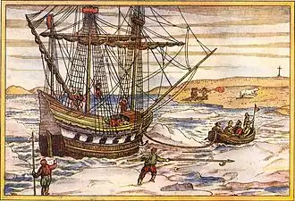 Willem Barentsz' ship among the Arctic ice.