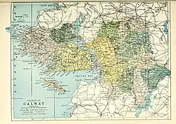 Barony map of County Galway, 1900; Dunkellin is in the middle, coloured yellow.