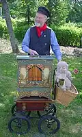 Organ grinder playing a new barrel organ.