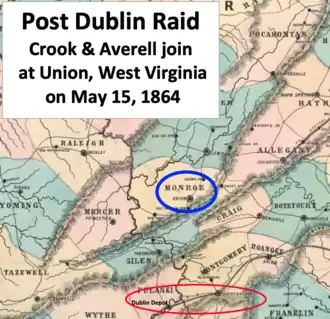 An old county map showing portions of Virginia and West Virginia, with Union circled in blue and the Dublin Depot circled in red