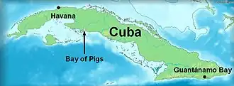 Map of Cuba with Bay of Pigs labeled on the southern coast.