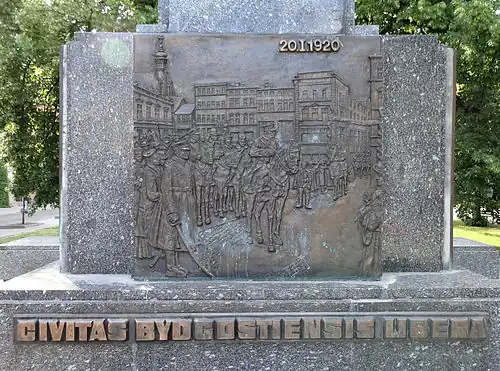 one of the plaques on the monument, commemorating the return of Bydgoszcz to the Polish territory.