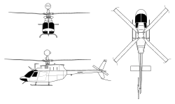 3-view line drawing of the Bell OH-58D Kiowa