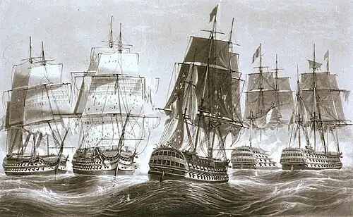 Indomptable at Trafalgar in 1805, at the center, between Fougeux & HMS&nbsp;Belleisle to the left, and Santa Ana & HMS&nbsp;Royal Sovereign.