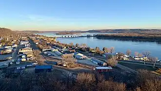 Downtown Bellevue, Lock & Dam No. 12, and the Mississippi River from air.