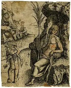 A river god seated with a flowing urn, and a winged genius beside him