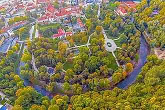 Aerial view of a large green area with many trees