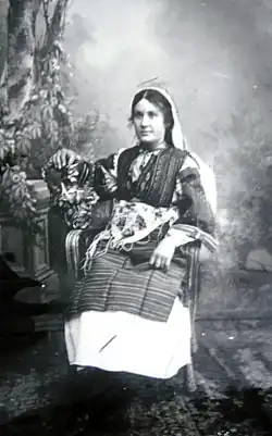 Woman from Bitola, dressed in traditional costume from Smilevo, photographed in the studio of the Manaki brothers in Bitola, between 1898 and 1912
