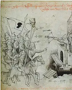 A drawing depicting horsemen holding spears, with a severed head on one of the spears, at the gates of a fortress defended by arrowmen