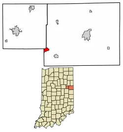 Location of Dunkirk in Blackford County and Jay County, Indiana.