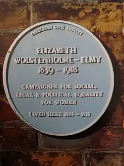 Blue plaque for Elizabeth Clarke Wolstenholme Elmy at Buxton House.