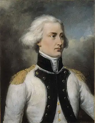 Painting of a man with a shock of white hair looking to the viewer's right. He wears a white military uniform with a black collar and lapels.