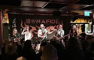 Bonafide with guest musicians in Stockholm 2024, from left: Anders Rosell, Dregen, Conny Bloom, Pontus Snibb, and Martin Ekelund.